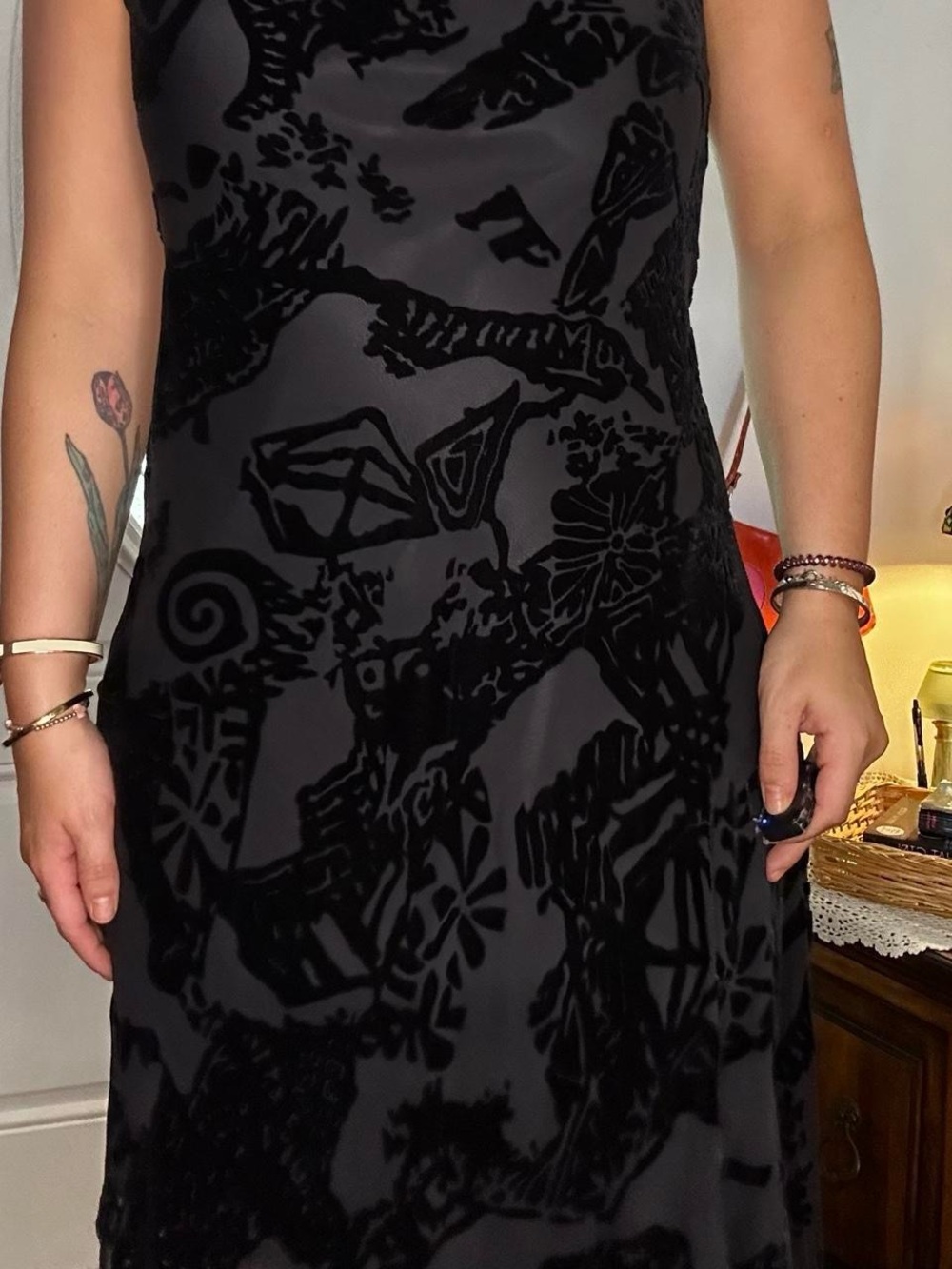 Black Floral Velvet Burnout V-Neck Slip Silk Dress - Women - Picture 5 of 8